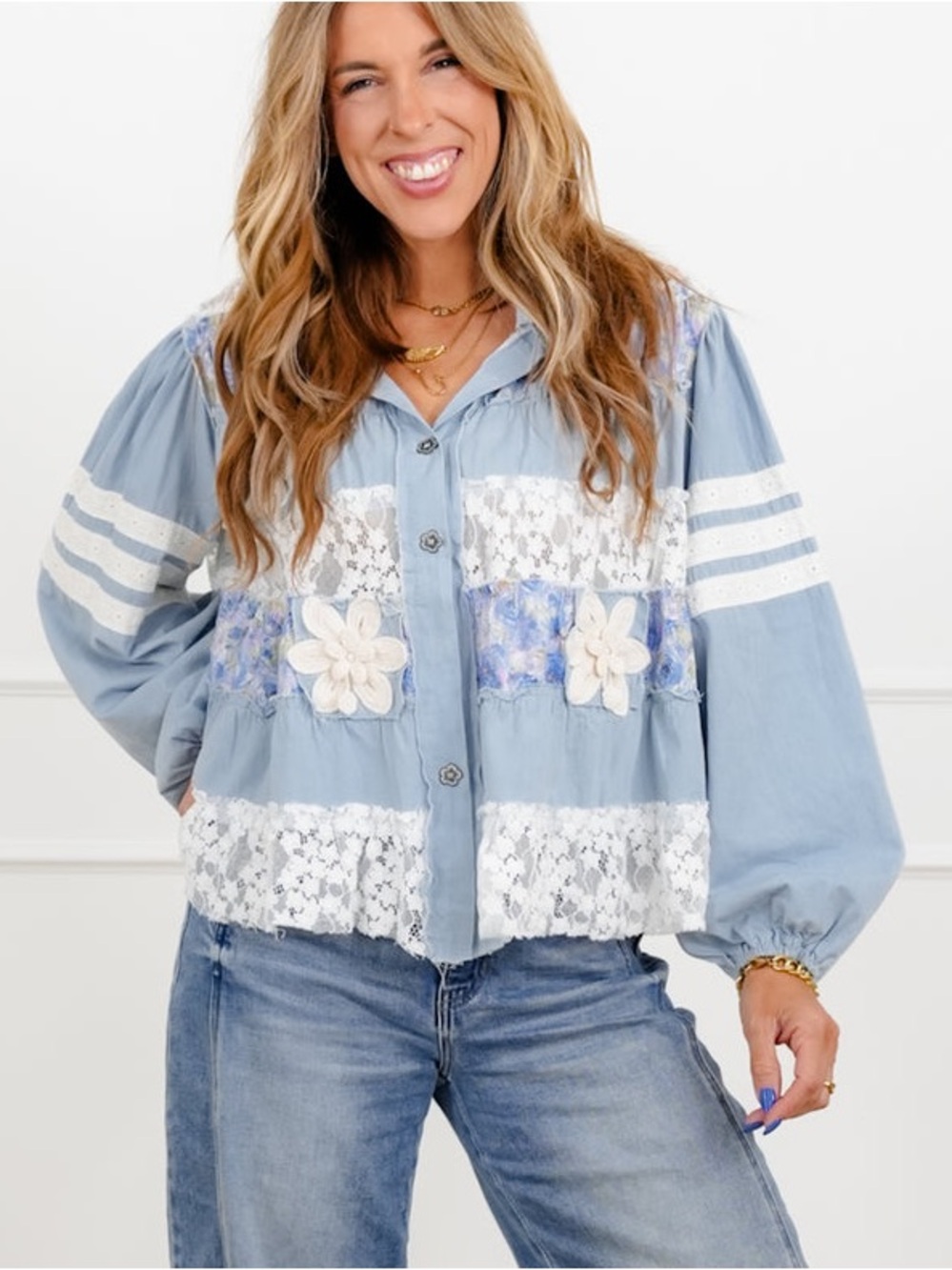POL Medium Light Blue Lace-Trim Button Front Top